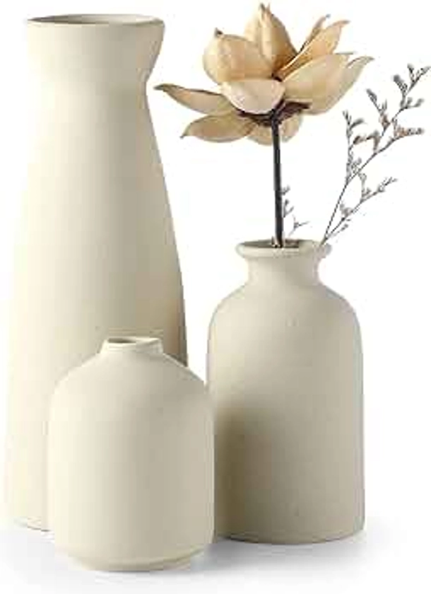 CEMABT Beige Ceramic vase Set-3 Small Flower vases for Decor,Modern Boho Farmhouse Home Decor,Decorative vase for Pampas Grass&Dried Flowers,idea Shelf,Table,Bookshelf ，Entryway- Distressed