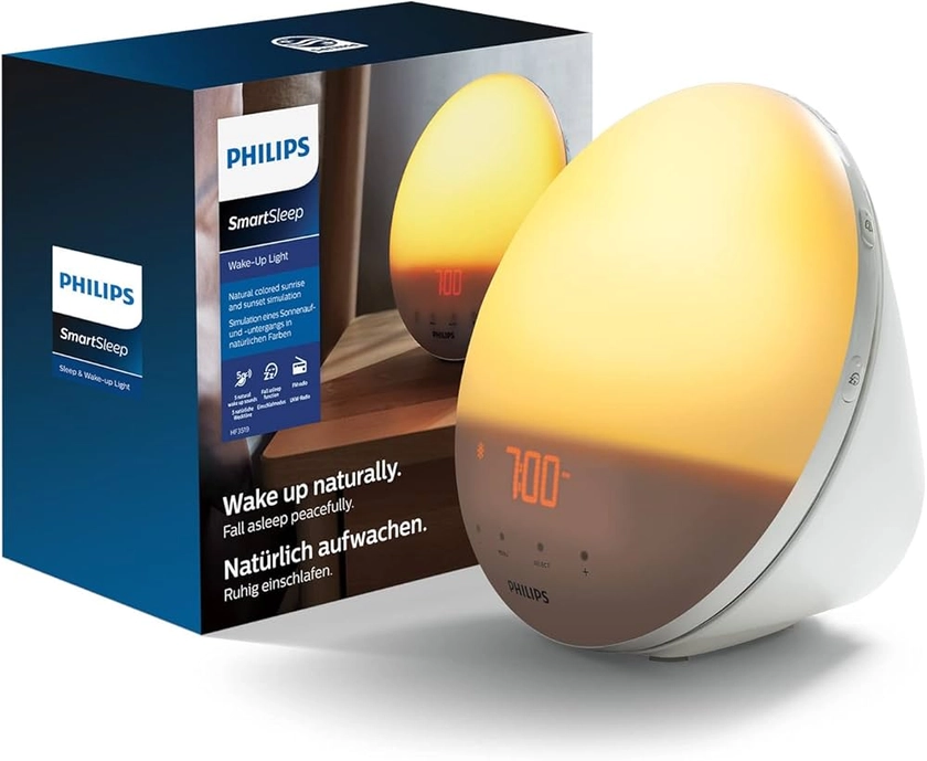 Philips Eveil Lumière Radio réveil lumineux avec fonction veilleuse et guide de nuit, port USB (Modèle HF3531/01)