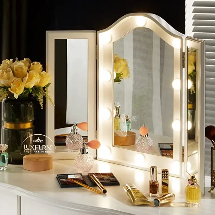 LUXFURNI | Professional Tri Fold LED Hollywood Vanity Mirror | Shadow Free | White | Foldable Table Top Mirror| Starry