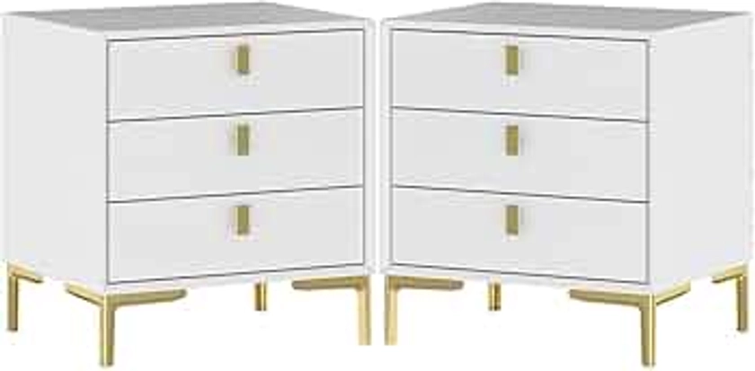 MOUMON Modern Nightstand Set of 2, End Table Bedside Table with Gold Metal Legs, Gold Metal Handles, for Bedroom White (19.6”W x 15.9”D x 21.3”H)