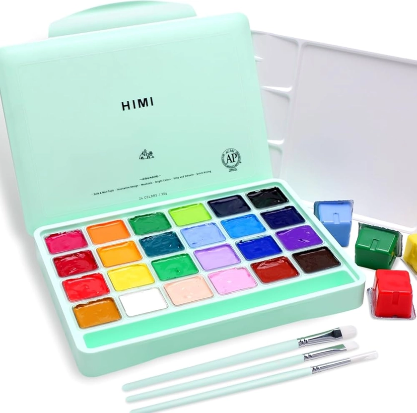 Amazon.com: HIMI Gouache Paint Set, 24 Colors x 30ml Unique Jelly Cup Design with 3 Paint Brushes and a Palette in a Carrying Case, Non-Toxic Gouache Paint Perfect for Artists, Students(Green)