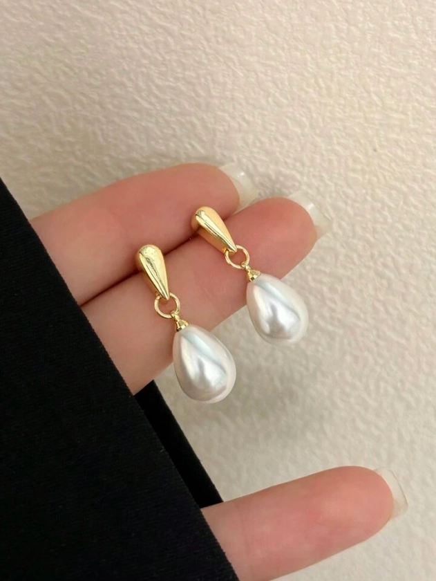 1pair Fashionable & Elegant Faux Pearl Drop Earrings In Simple Teardrop Design, Perfect For Parties And As A Versatile Gift For Women