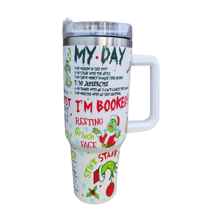 Clearance! Grinch! Greench! Christmas Tumbler 40 Oz, Merry Christmas Tumbler with Handle And Straw, 40oz Tumbler Maintains Cold Heat And Ice for Hours Best Christmas Gift