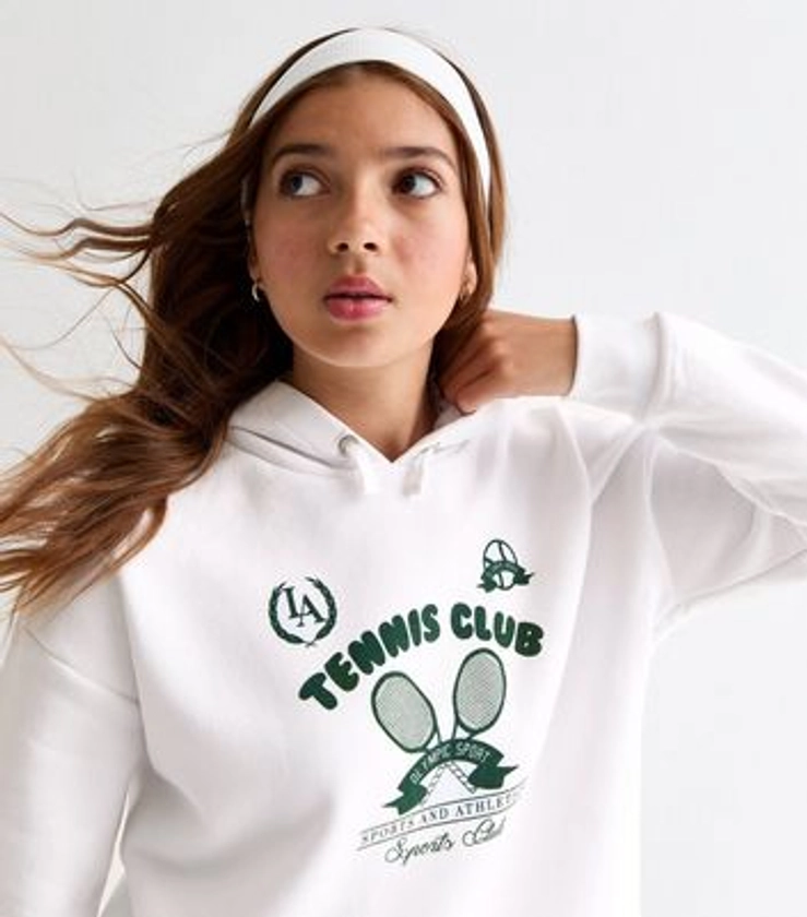 Girls White Tennis Club Print Boxy Hoodie