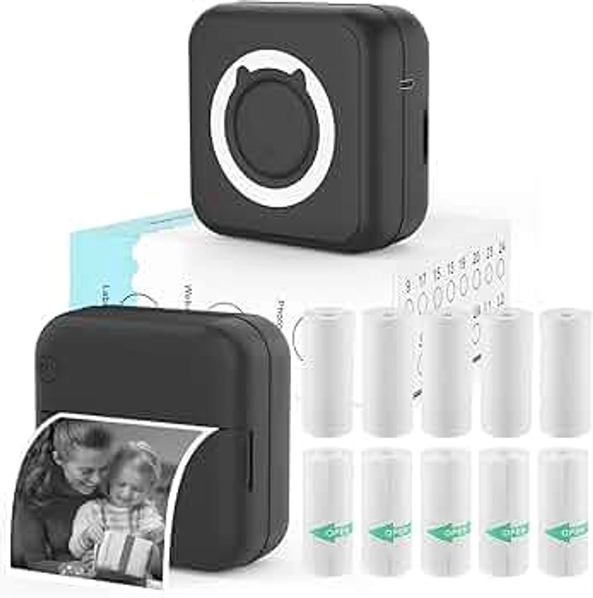 Mini Sticker Printer - Mini Pocket Printer for iPhone Thermal Printer with 10 Rolls Thermal Paper for Journal, Memo, Photo, Black