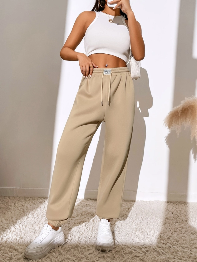 SHEIN EZwear Letter Patched Drawstring Waist Sweatpants