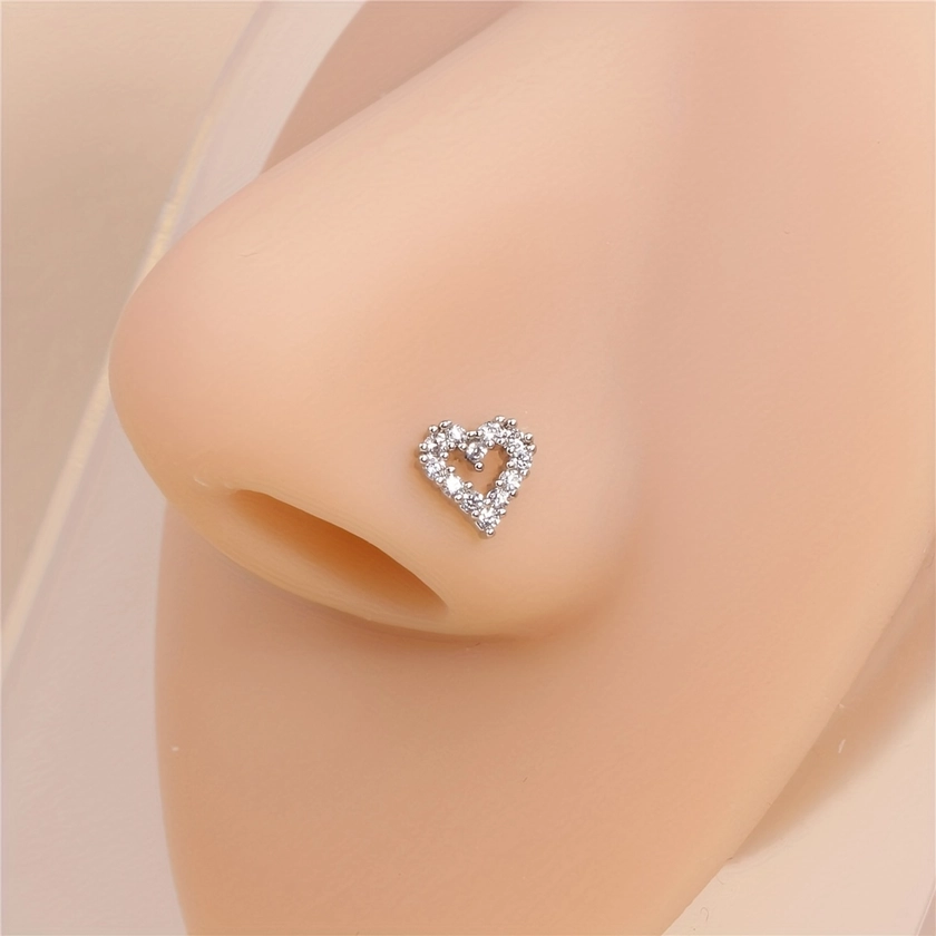 Small Hollow Out Love Heart Shape Nose Studs Rings For Women Nose Piercing Jewelry Plated Copper Nose Nail Inlaid Shiny Zircon