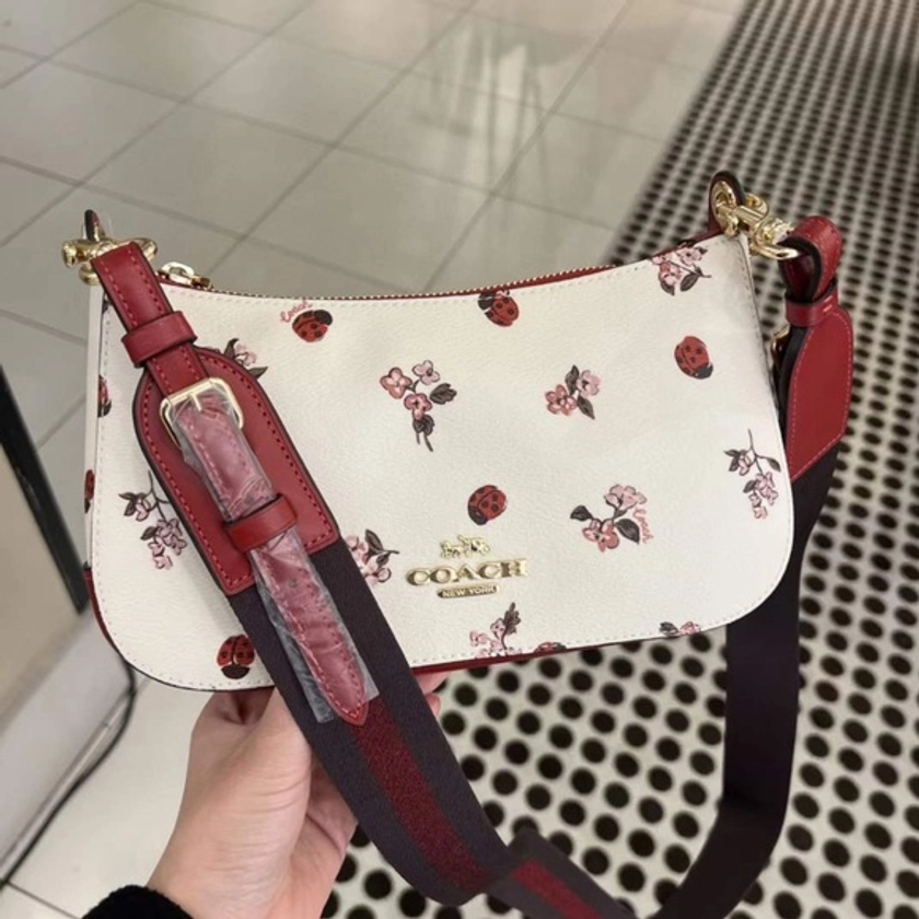 New Coach Jes Baguette Crossbody Bag With Ladybug Floral Print