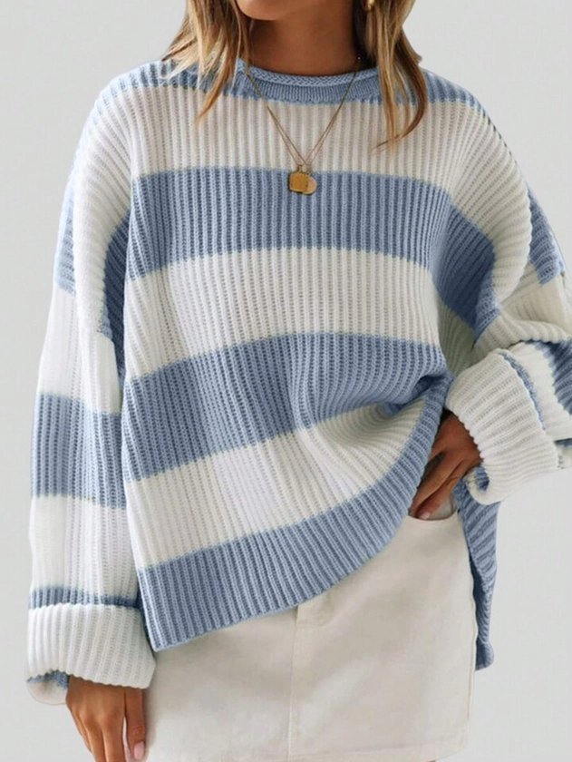Striped Pattern Color Block Drop Shoulder Sweater