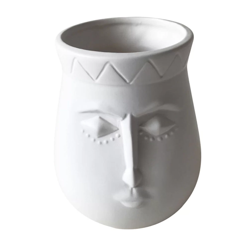 Vaso Decorativo em Cerâmica com Formato de Rosto Étnico - Branco