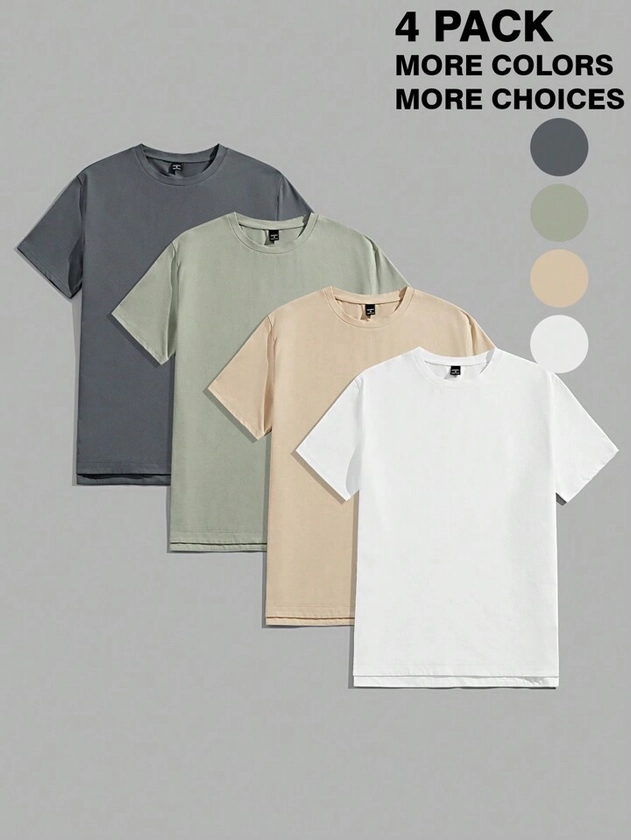 Manfinity Basics Men's 4pcs/Set Knitted Casual Short Sleeve Round Neck T-Shirt, Suitable For Summer