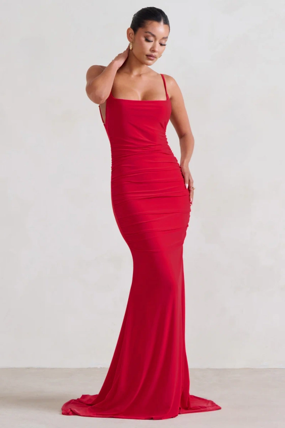 Adele | Red Ruched Fishtail Cami Maxi Dress