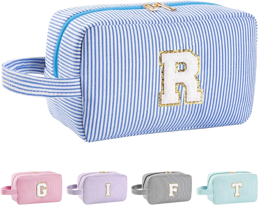 Personalized Initial Makeup Bag A-Z, Travel Toiletry Bag Monogram Make Up Bags Preppy Cosmetic Bag Cute Makeup Pouch Birthday Graduation Gifts Bags for Women Teen Girls Friends (Blue, R)