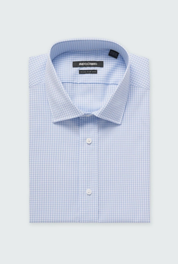 Men's Dress Shirts - Helston Anti-Wrinkle Gingham Blue Shirt | INDOCHINO