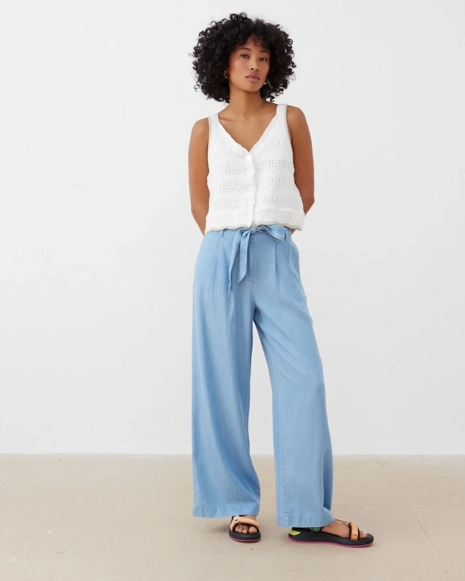 Blue Chambray High Waist Wide Leg Trousers | Oliver Bonas