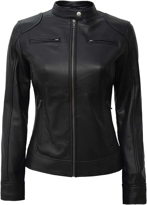 Womens Black Real Leather Moto Jacket - Lambskin Black Leather Jacket For Women