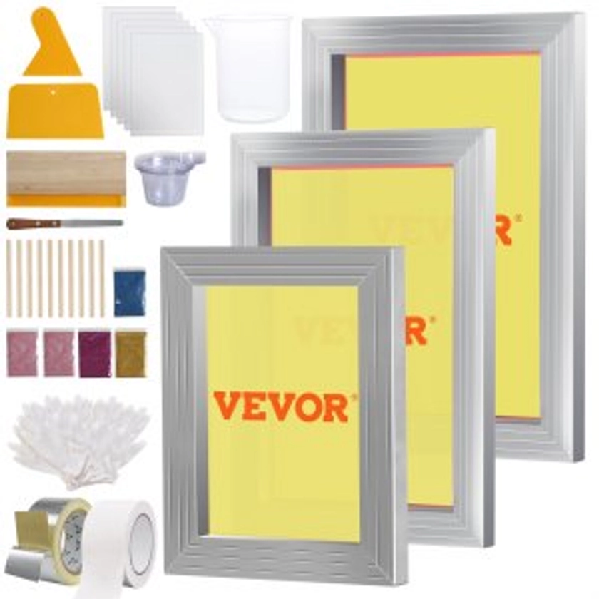 VEVOR Screen Printing Kit, 3 Pieces Aluminum Silk Screen Printing Frames 25x36/20x30/15x25 cm 110 Count Mesh, 5 Glitters and Screen Printing Squeegees and Transparency Films for T-shirts DIY