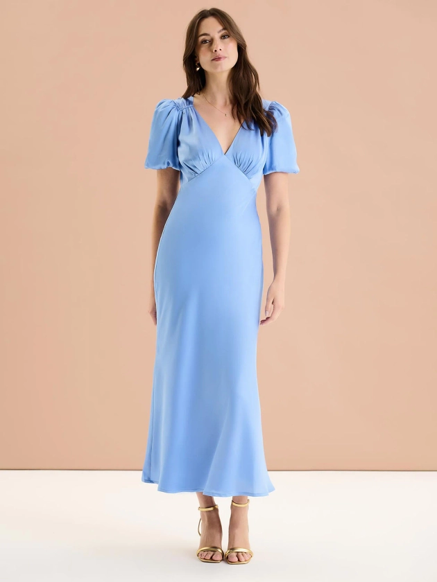 Rosie Ruched Puff Sleeve Dress in Light Blue | OMNES | Dresses | Sustainable & Affordable Clothing | Shop Women's Fashion