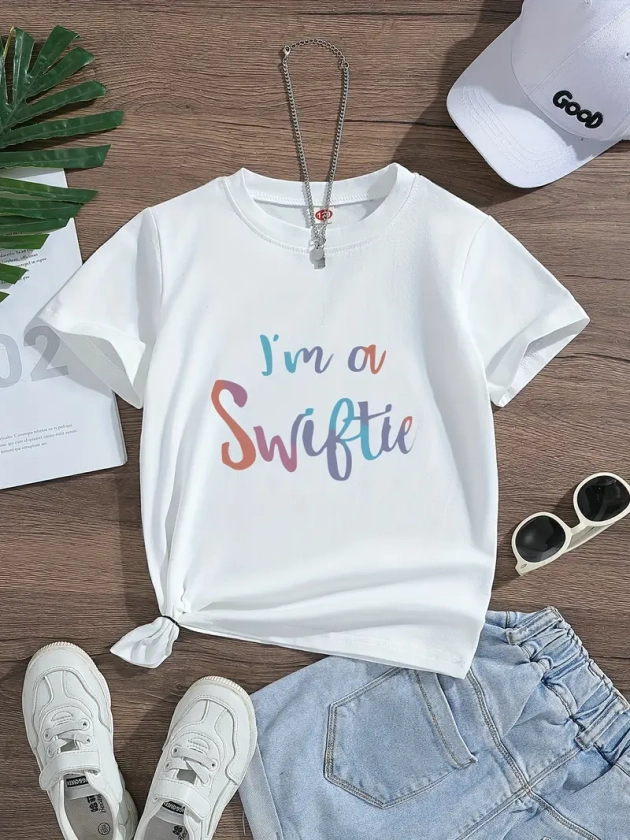 I'M A SWIFTIE Print, Girl's Round Neck Casual Short Sleeve T-shirt, Comfortable Soft Skin-Friendly Top