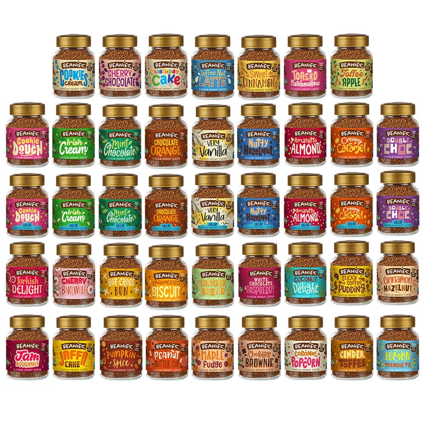 BEANIES INSTANT FLAVOURED COFFEE JARS 50g BUY 4 & GET 2 FREE: ADD 6 to BASKET