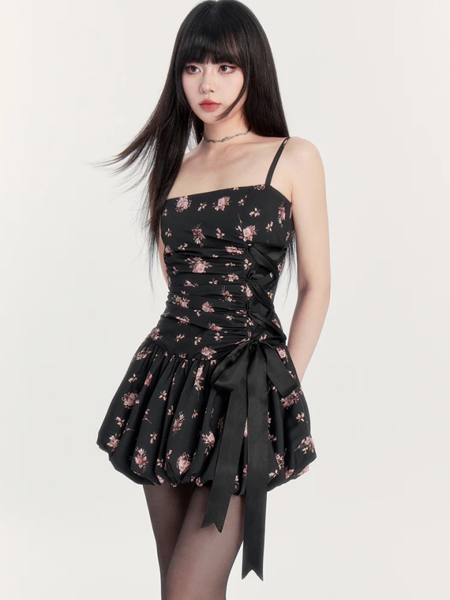 Floral Satin Side-tied Suspender Dress VOC0214