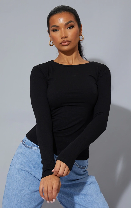 Basic Black Cotton Blend Long Sleeve Fitted T Shirt