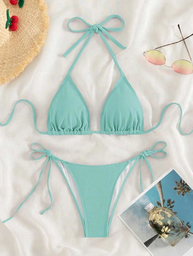 SHEIN Swim Women Summer Beach Solid Halter Neck Simple And Fashionable Bikini Set For Holiday