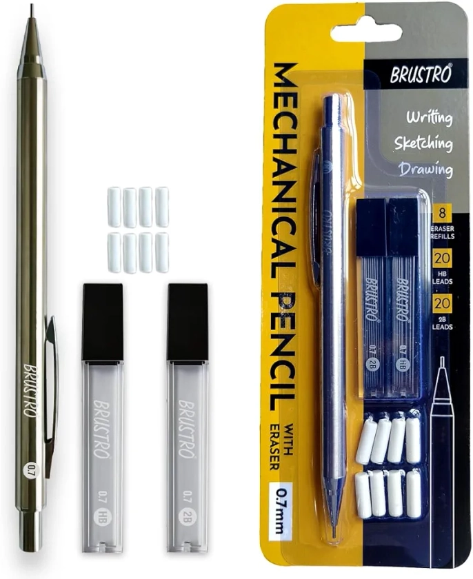 BRUSTRO Mechanical Pencil with Eraser 0.7mm Writing/Sketching/Drawing Spare leads HB-20 units. 2B-20 units Spare eraser- 8 units : Amazon.in: Home & Kitchen