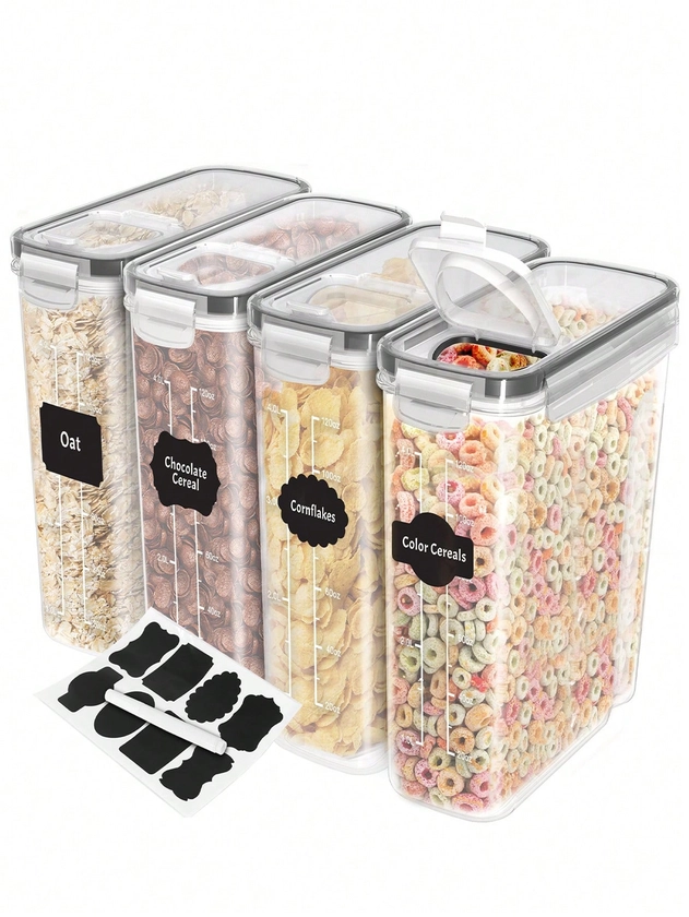 4PCS Cereal Containers Storage [4L/135.2 Oz], Airtight Food Storage Containers With Pour Spout For Kitchen & Pantry Organization Storage, Plastic Cereal Dispensers, Measuring Cup & 20 Labels