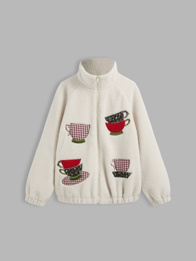 Countryside Core Fleece Fleece Stand Collar Floral Cup Applique Jacket For School