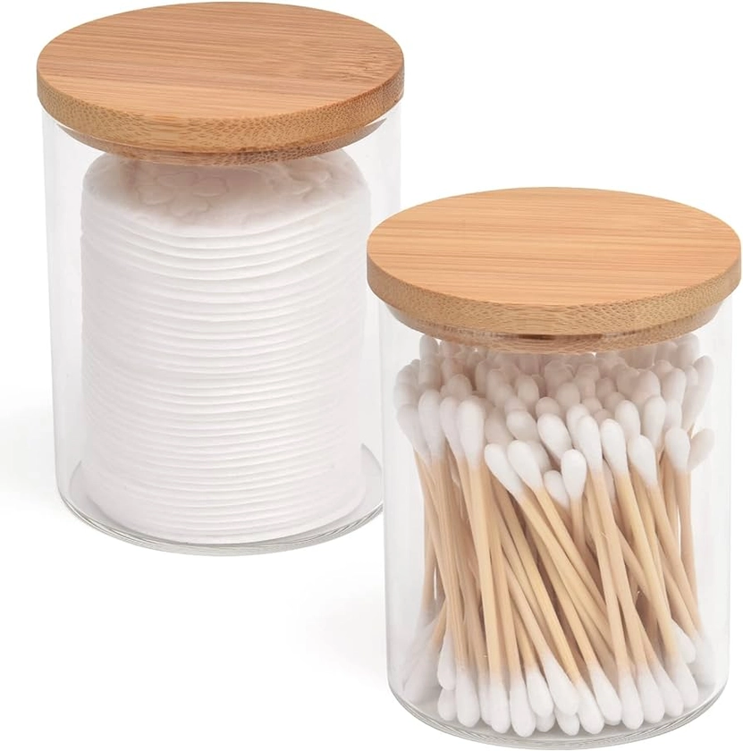 2 Pack Glass Qtip Holder Dispenser Bathroom Jars with Bamboo Lids, Cotton Ball Pad Round Swab Holder for Bathroom Accessories Storage Organizer,Farmhouse Bathroom Decor, Home Decor.