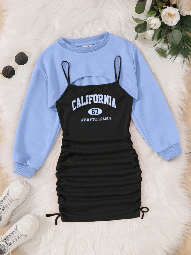 Tween Girl Knitted Crew Neck Loose Cropped Sweatshirt & Ruched Cami Dress 2-Piece Casual Set