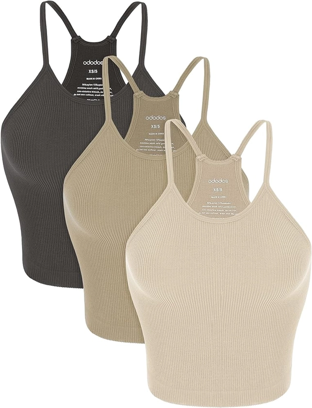 ODODOS Women's 3-Pack Seamless Cami Tops Ribbed Camisole Tank Top, Mushroom Taupe Charcoal, Medium/Large at Amazon Women’s Clothing store
