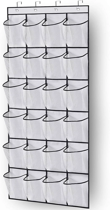 MISSLO Over the Door Shoe Storage Organiser Hanging Shoe Rack Holder 24 Large Mesh Pockets for Wardrobe Door Tidy with Hanger(White)