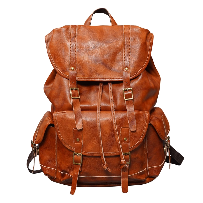 Military Style Leather Backpack - Tangerine by Touri