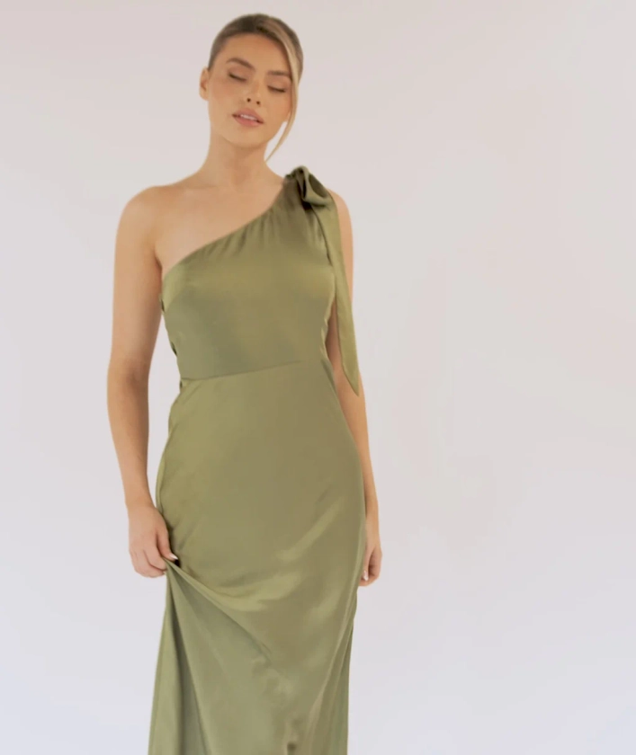 Bow One Shoulder Satin Bridesmaid Dress - Moss Green