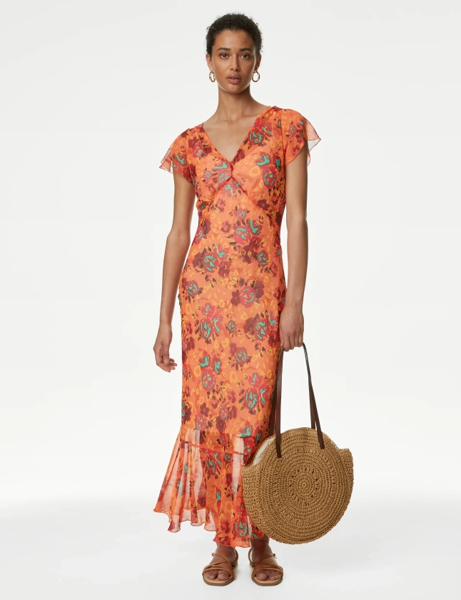 Chiffon Printed V-Neck Midi Waisted Dress | M&S Collection | M&S