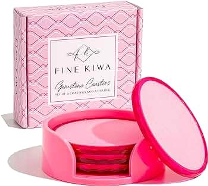 FineKiwa Pink Felt Absorbent Coasters for Drinks – Cute Unique Set of 4 Luxury Cup Coasters with Holder for Girls, Dining Table, Desk, Coffee Table – Large & Round, Tabletop Protection, 4.3in Wide