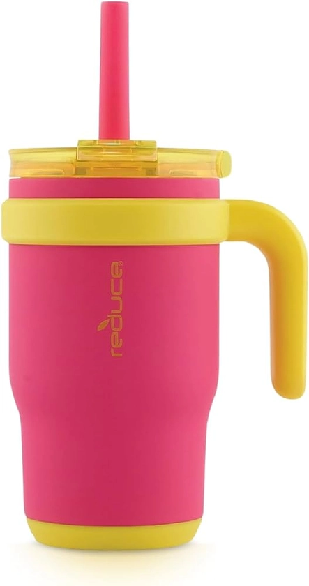 REDUCE 14 oz Coldee Tumbler with Handle for Kids Leakproof Insulated Stainless Steel Mug with Lid & Spill-Proof Straw, Keeps Drinks Cold up to 18 Hrs, Pink Lemonade