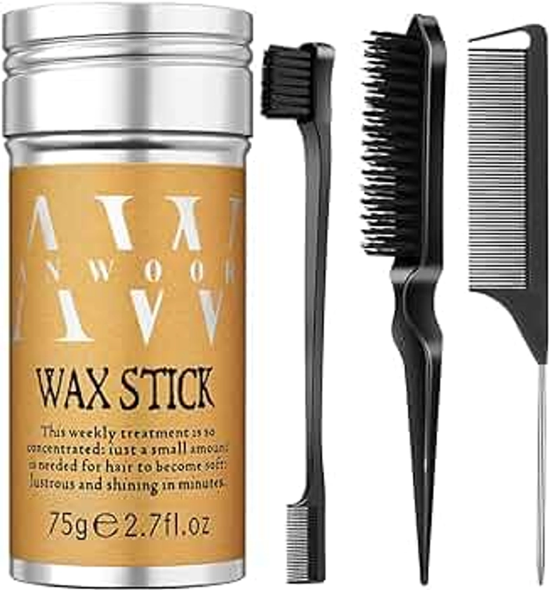 AnWoor Hair Wax Stick & Hair Combs of 4Pcs, Fly Away Hair Stick for Smoothing Frizz Edge Control, Smoothing Hair Brush with Teasing Brush, Rat Tail Comb and Edge Brush