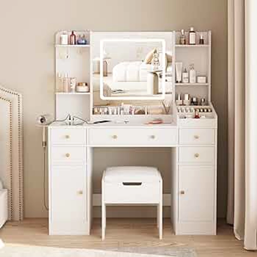 Vabches Vanity Desk with Lights, Makeup Vanity Table with Charging Station, 44.9in Big Vanity Set with 5 Drawers & Lots Storage Space, White
