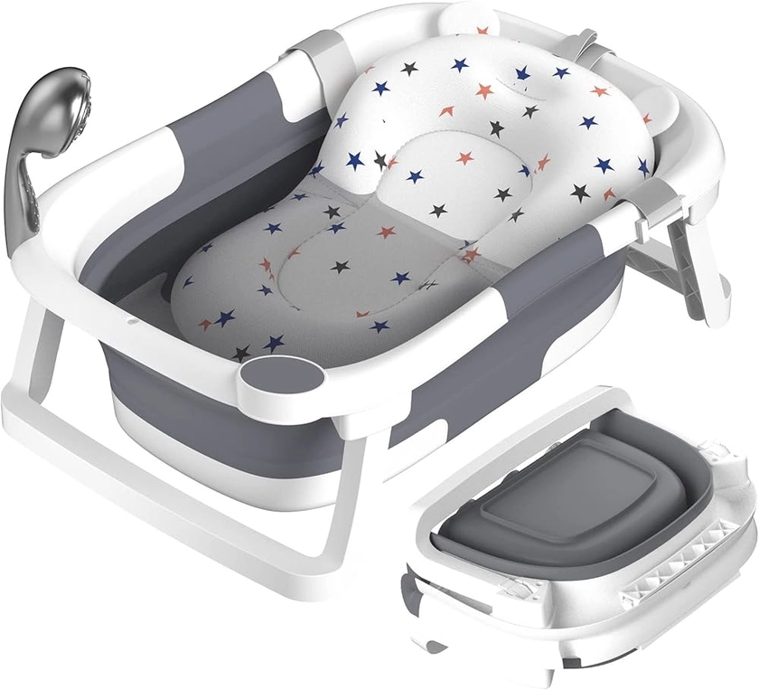 Rabb 1st Baignoire Bébé Pliable, La Baignoire Enfant Convient aux Nouveau-Nés aux Tout-Petits et Dispose d'un Tapis Antidérapant et de Trous de Drainage. (Pas de Thermomètre !)(Gris)