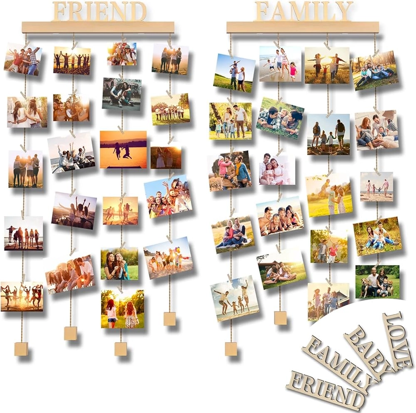 Uping Cadre Photo Pele Mele Porte Photo Support Photo Mural en Bois avec 45 Photo Pince et 4 Lettres - FAMILY FRIEND LOVE BABY