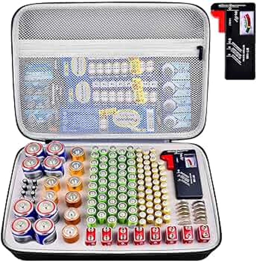 Battery Organizer Storage Case Holder with Tester BT-168, Batteries Variety Pack Bag, Holds 140+ AA, AAA, C, D, 9V, Lithium 3V Button Batteries, Battery Caddy Container(Not Includes Batteries)(Grey)