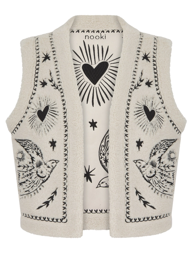 Free Bird Embroidered Faux Shearling Gilet-Cream by NOOKI DESIGN