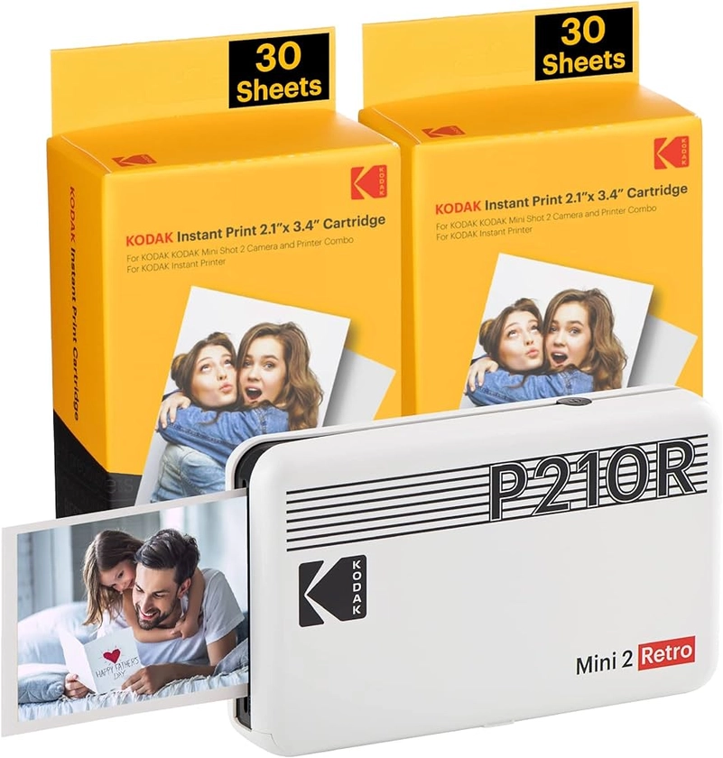 KODAK Mini 2 Retro – Imprimante Photo Mobile pour Smartphone (iPhone & Android), 5,4 x 8,6 cm, Bluetooth, Portable + 68 Photos – Blanc