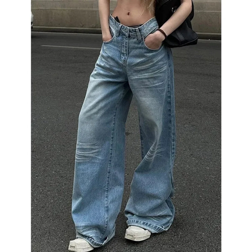 PICSGIRL - Blue Womens Jeans High Waist Vintage Straight Baggy Denim Pants Plus Size Street American Style Casual Wide Leg Denim Trouser