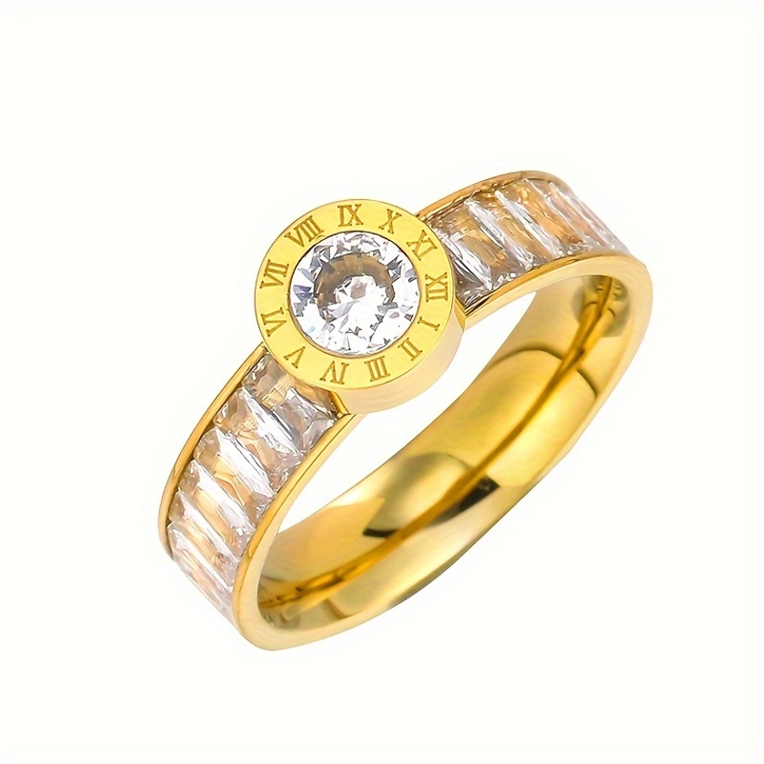 1pc Titanium Steel Electroplated Golden Ring, Roman Numerals Gorgeous Ring, Fashion Popular Inlaid Cubic Zirconia Men's Finger Ring