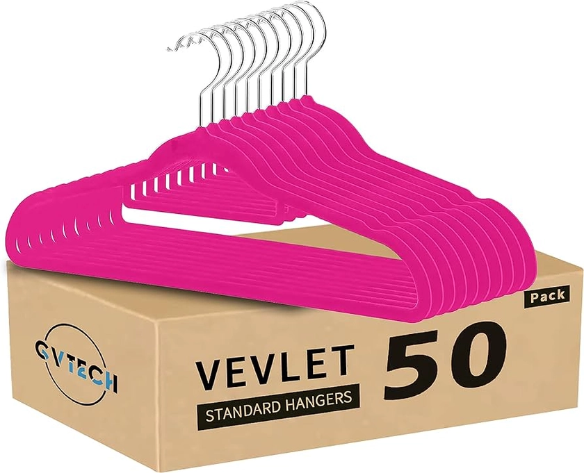 GVTECH Premium Velvet Hangers, [50 Pack] Non Slip and Heavy Duty Velvet Suit Hangers (45cm) with Tie Bar, 360° Swivel Hooks, Sturdy to hold Jumper, Pullovers, Jackets & Hoodies (Pink)