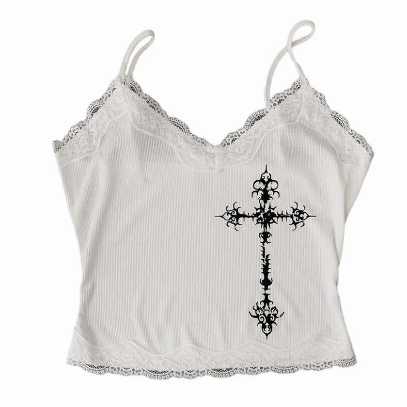 Y2K Gothic Grunge Punk Aesthetic Print Lace Camisole Top Fashion Sexy Sleeveless Slim Chic Crop Top 90s Vintage Rock Women's Tee